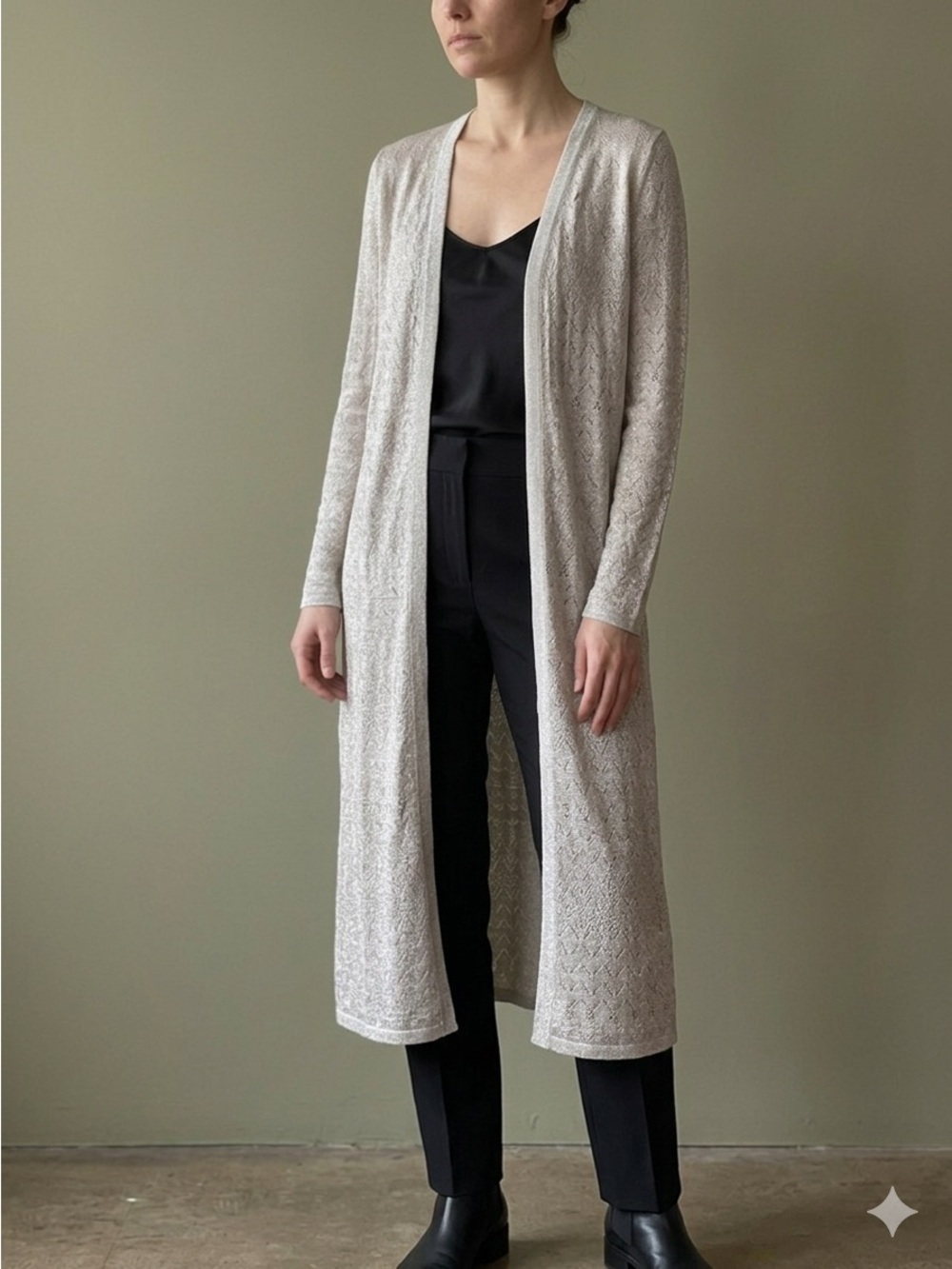 White House Black Market Light Gray Open-Front Knit shimmery silver cardigan M